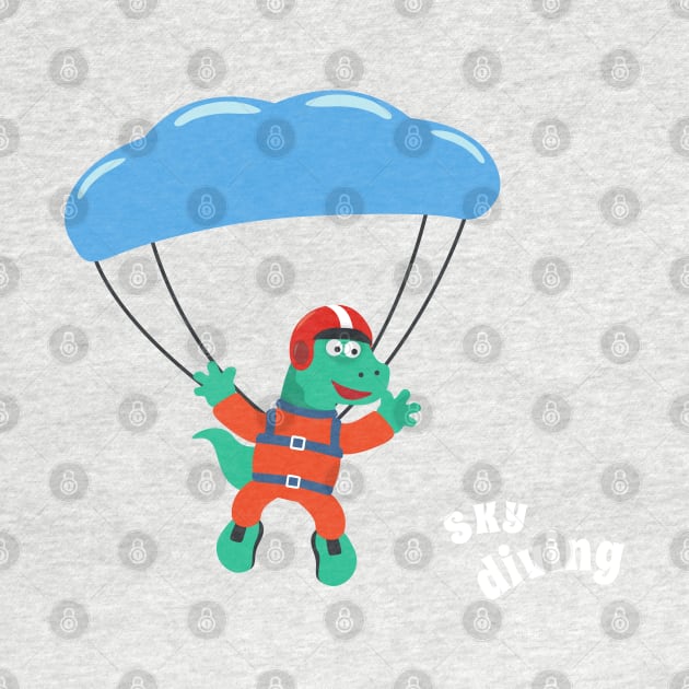 cartoon illustration of skydiving with litlle dinosaur by KIDS APPAREL